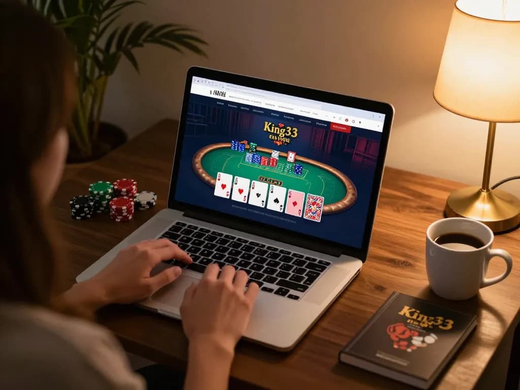 Engaging in strategic poker gameplay on king33 laptop in a cozy home setting