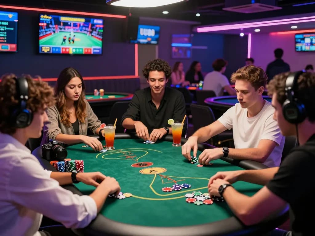 Group of friends enjoying a lively gambling game at UU88, highlighting excitement and vibrant casino atmosphere.
