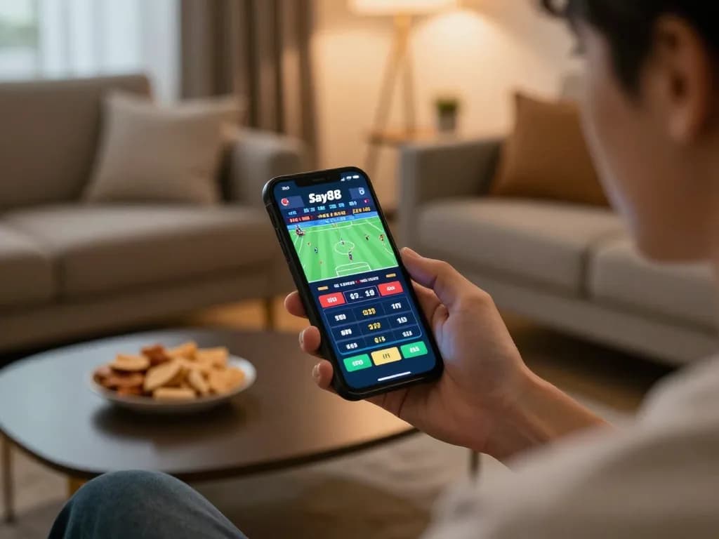 Person enjoying mobile betting on Say88 app in a cozy home environment.
