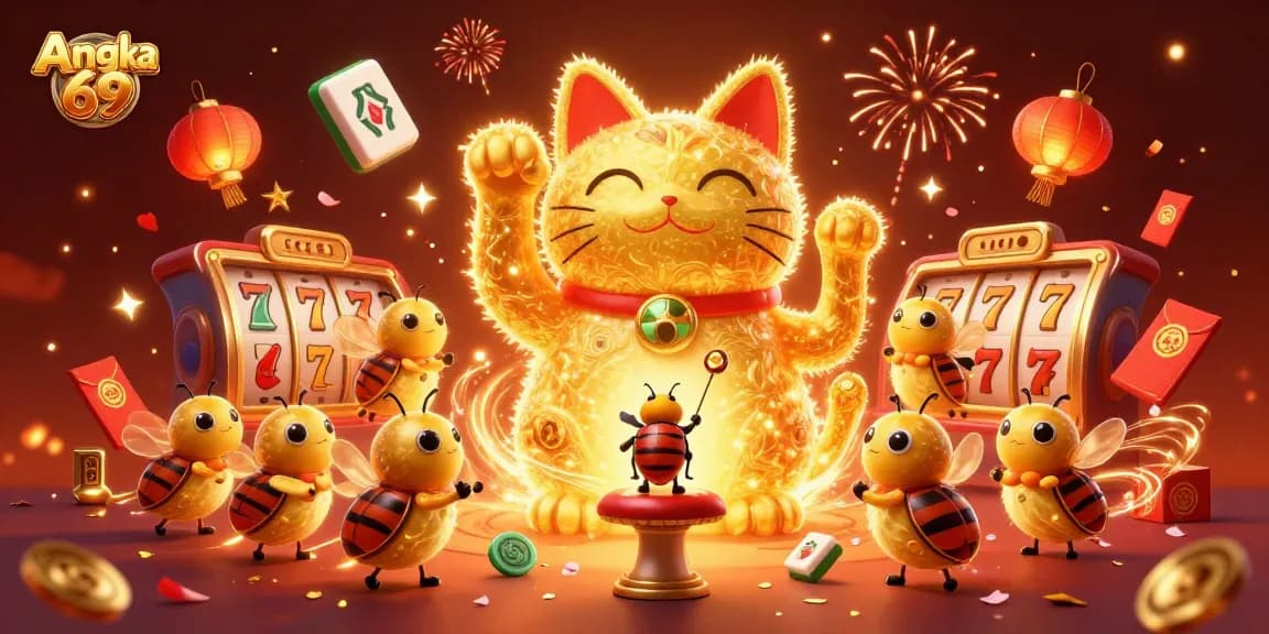 Experience the excitement of Angka 69 with spinning slot reels and a vibrant lucky cat illustration.