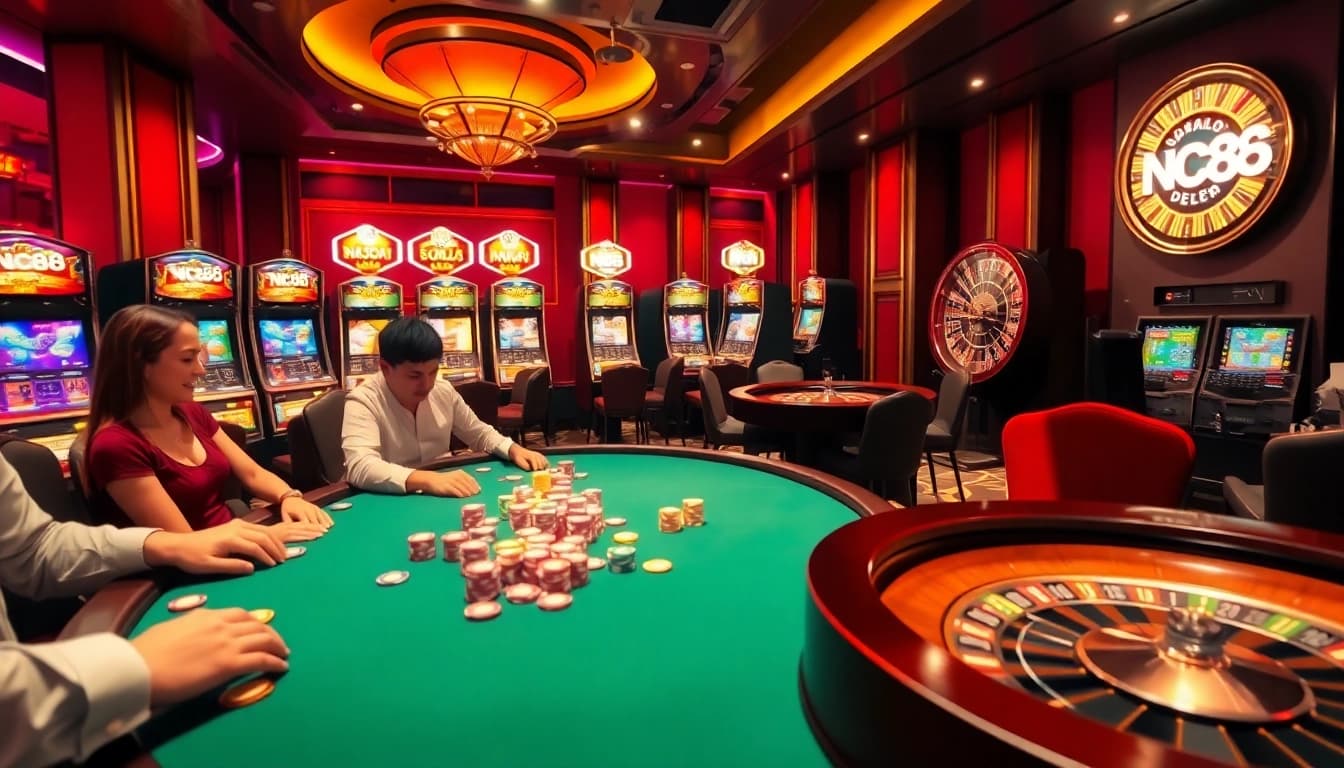 Engage in thrilling poker action at Nc88, surrounded by vibrant casino elements and luxury.