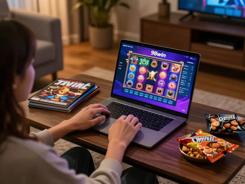 Thrilling experience at 98win with a user enjoying online slots in a cozy home setup