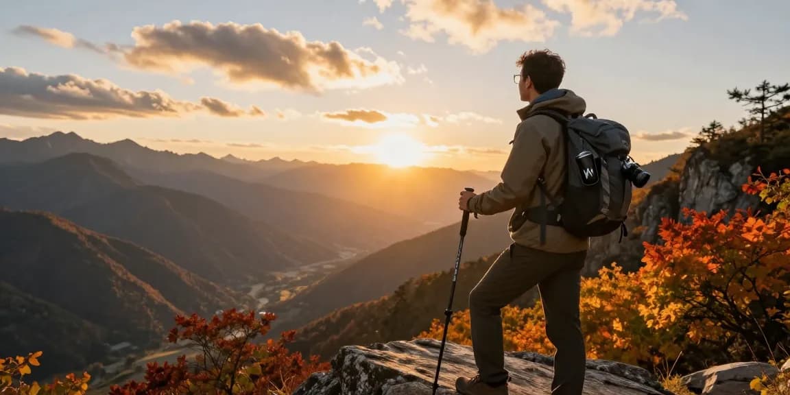 Traveler enjoying breathtaking view of mountain landscape at sunset, embodying adventure with AA88.