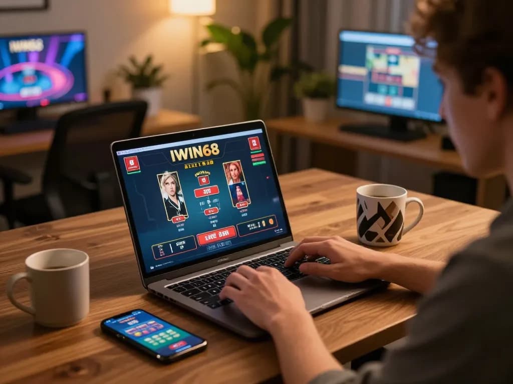 IWIN68 player engaged in strategic gameplay on laptop with live dealer casino offers