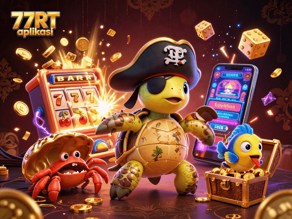 Engage in thrilling gameplay with 77RT aplikasi amidst a vibrant casino scene featuring exciting slot machines.
