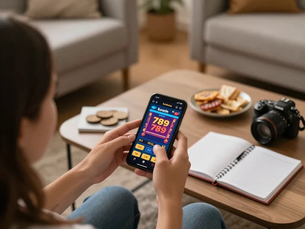 Kuwin 789 player engaging in mobile betting with vibrant app graphics and cozy home setting.