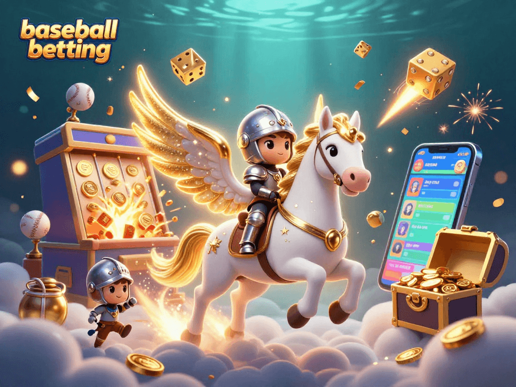 Engage in baseball betting with thrilling visuals of a knight on a celestial horse amidst sports betting elements.