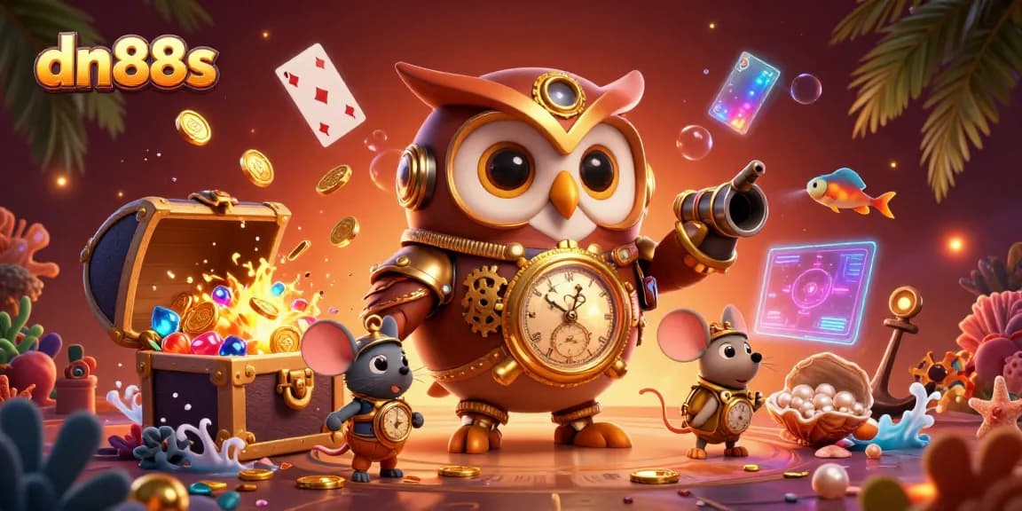 Engage in exciting gameplay at dn88s with steampunk owl and lively casino elements.