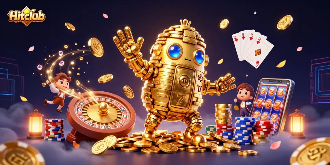 Hitclub showcases an exciting 3D casino scene filled with game elements, symbolizing thrilling gaming opportunities.