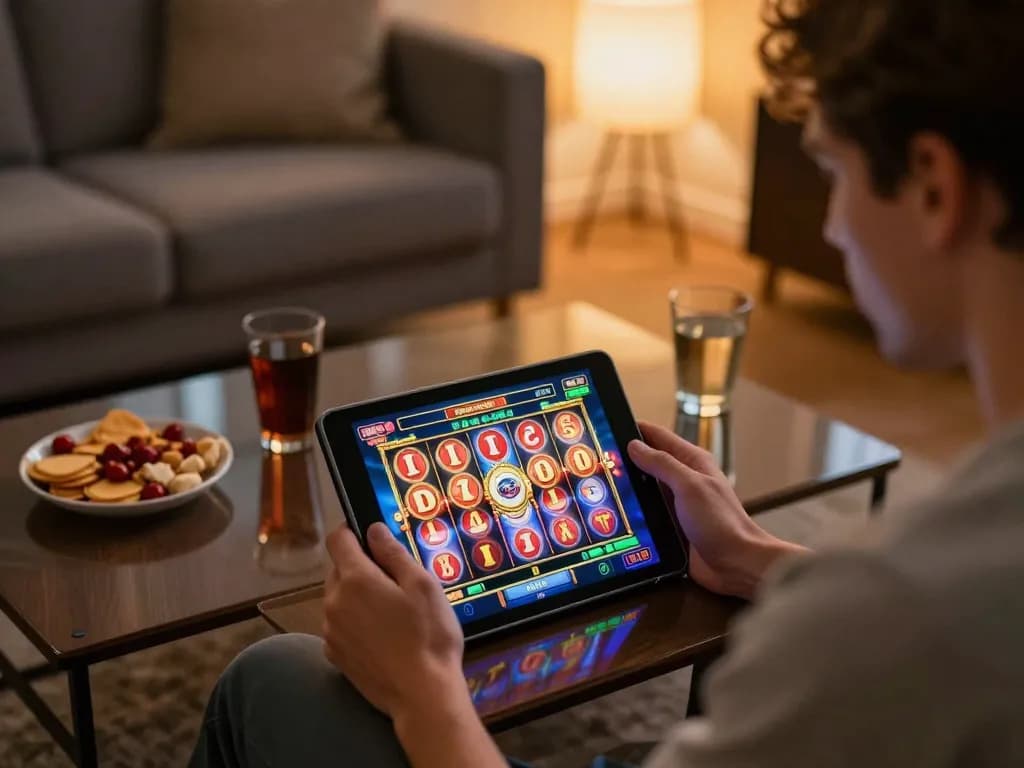 Experience the excitement of PLANET88 as a player spins the reels on a tablet in a cozy home setting.