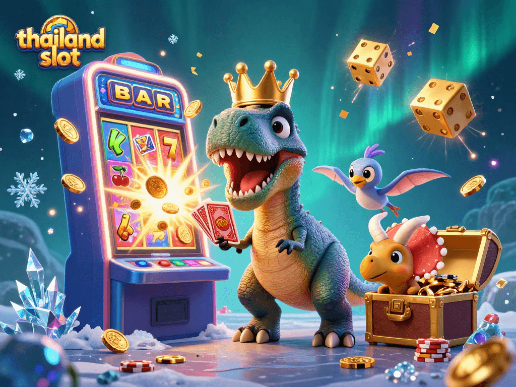 Experience the thrilling action of thailand slot games featuring cartoon dinosaurs and a jackpot explosion amidst vibrant casino elements.