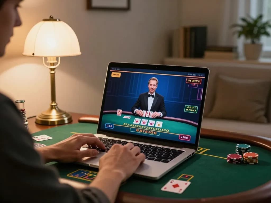 Engaged player using f8beta2 for live blackjack on laptop amidst a cozy home atmosphere.