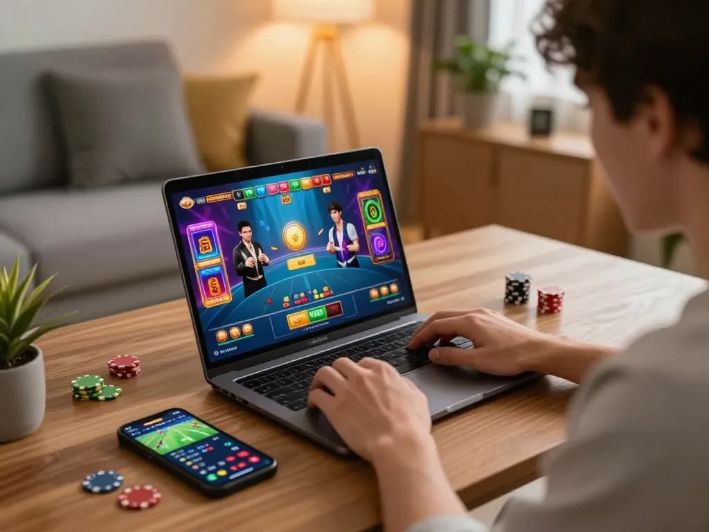 Player enjoying online casino gaming at LV88 on laptop with engaging visuals, smartphone betting beside.