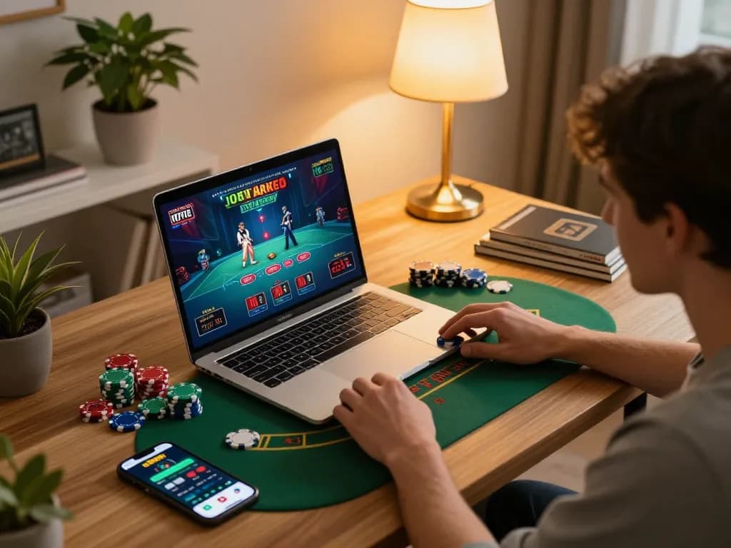 Engaged player exploring go8 online casino gaming strategy with laptop and chips on desk.