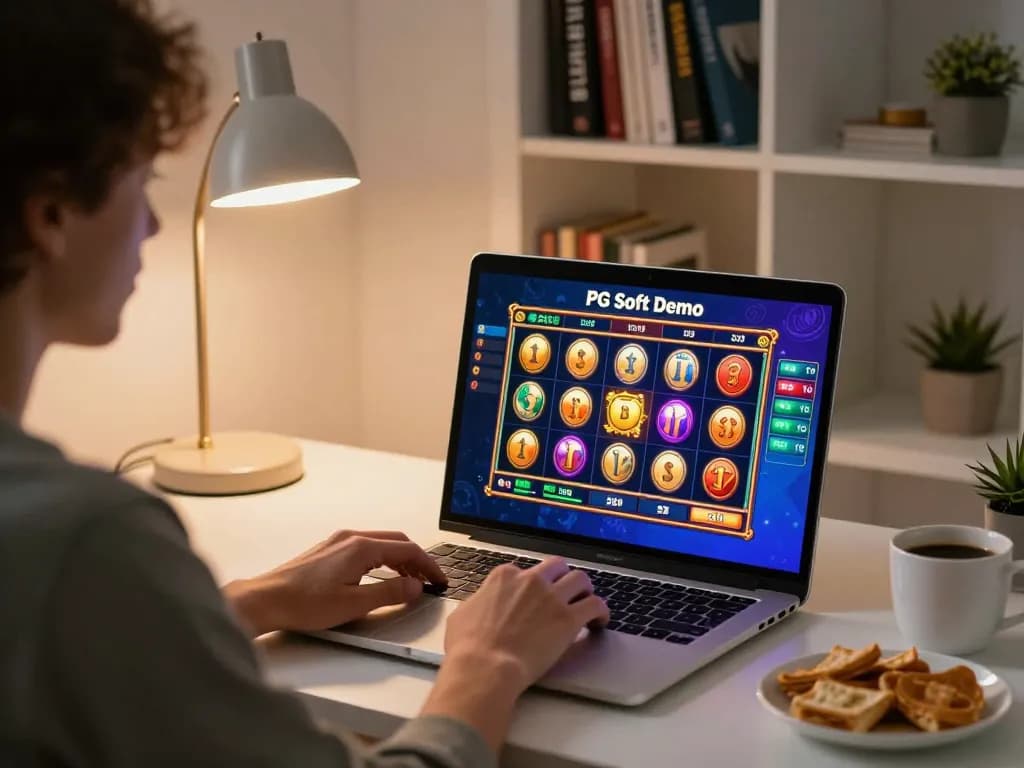 Pemandangan permainan online PG Soft Demo yang menarik dengan layar laptop yang menampilkan slot berwarna-warni di rumah yang nyaman
