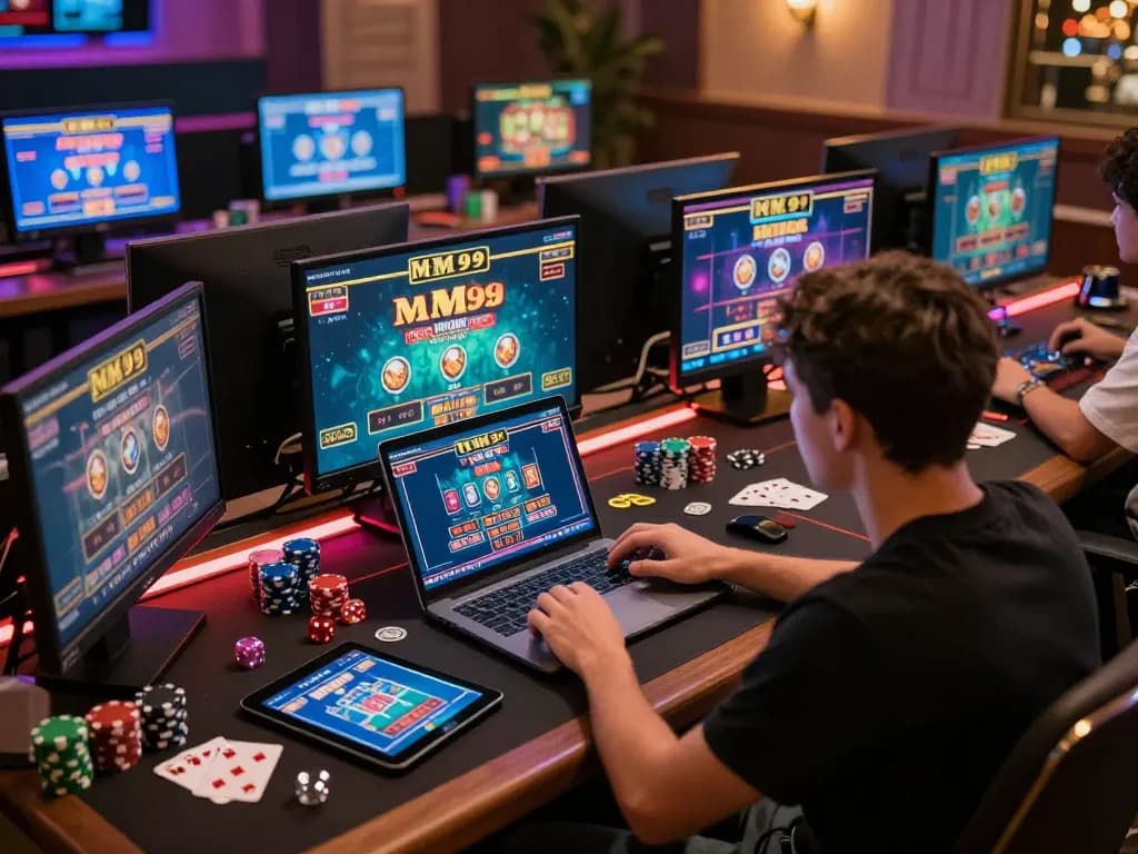 Engaging in online gameplay on MM 99 with multiple screens at a modern setup.