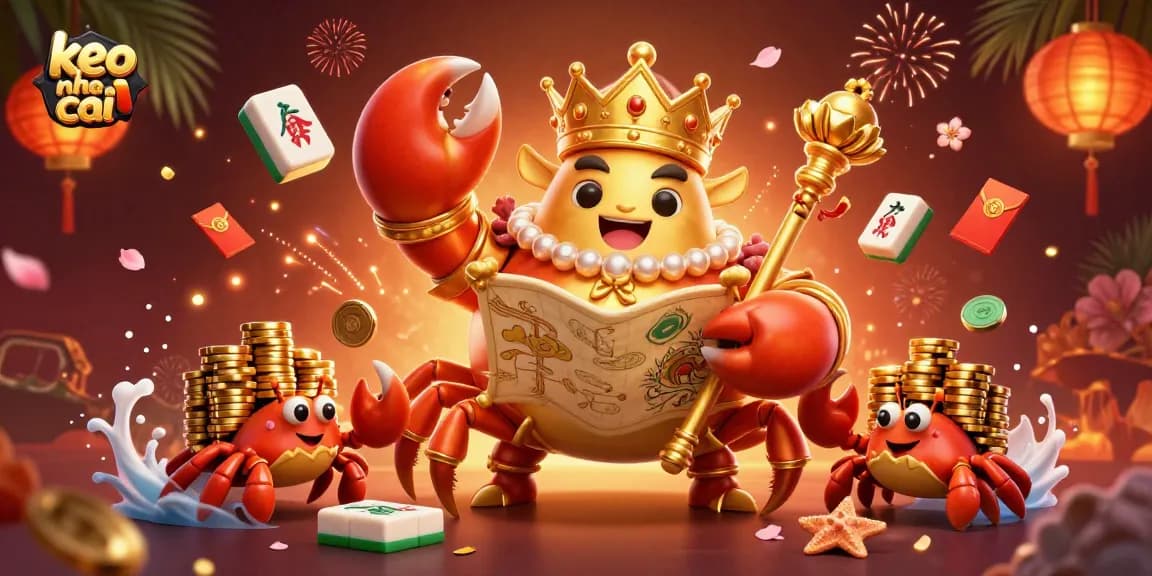 Engage with keo nha cai as a golden crab emperor oversees a vibrant casino atmosphere filled with riches and festivities.