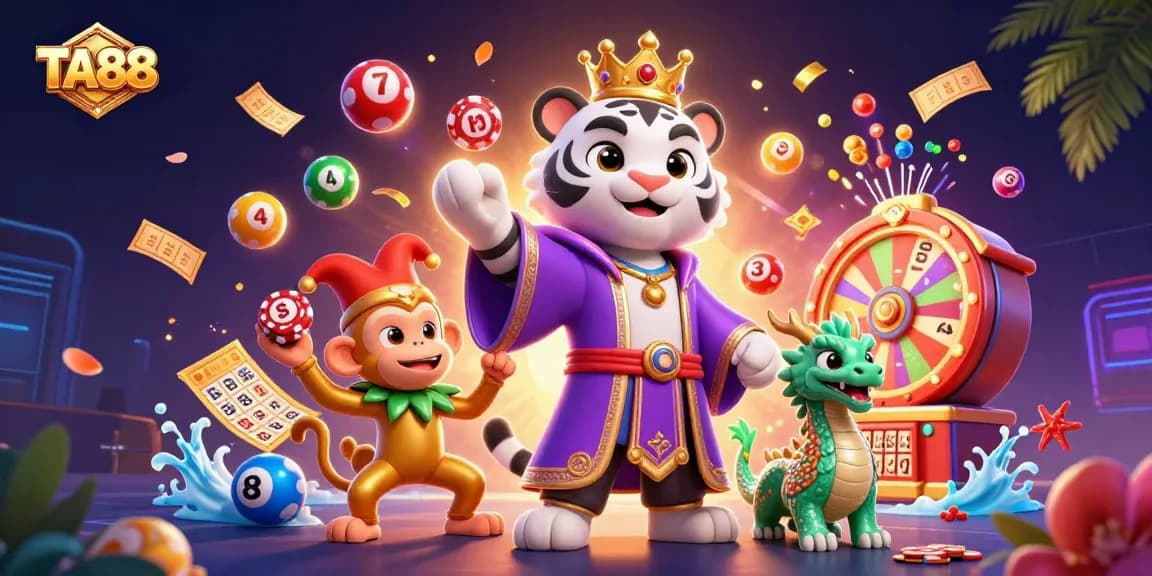 Experience the dynamic game environment at TA88 with characters surrounded by lottery balls and vibrant casino elements.