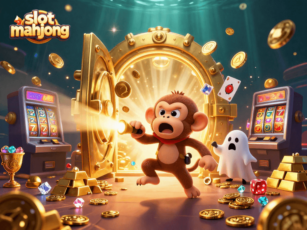 Engaging scene of slot mahjong with a playful monkey and ghost-hunter puppy in a bustling casino setting.