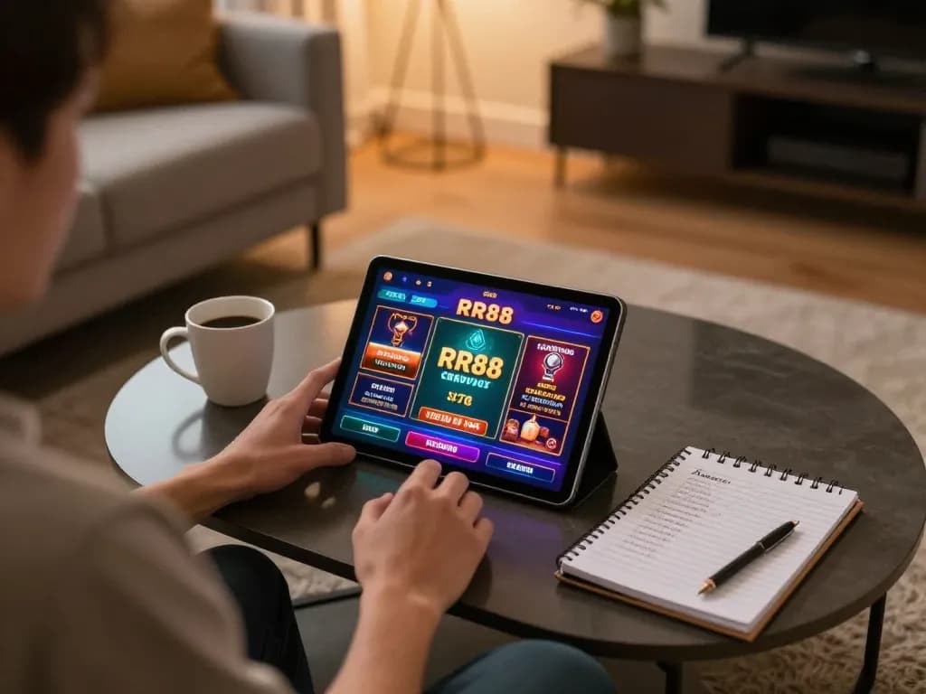 Engaging with RR88's app for online gaming, showcasing a cozy at-home betting scene