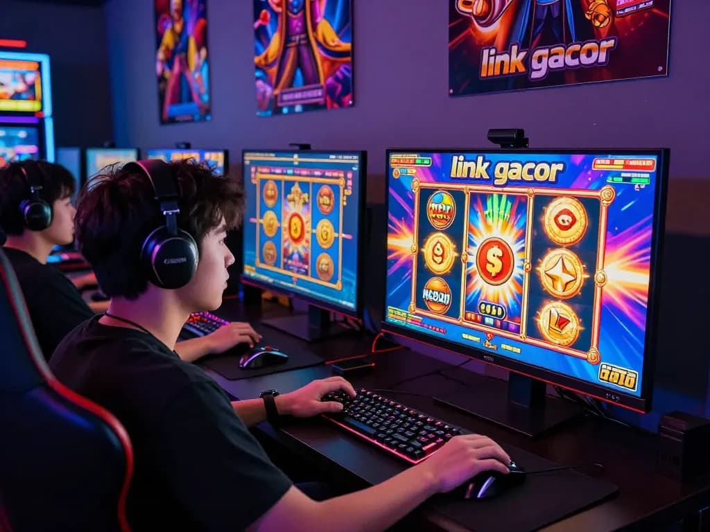 Suasana permainan yang menarik menampilkan "link gacor" di tengah visual mesin slot yang mendebarkan dan grafik yang cerah.