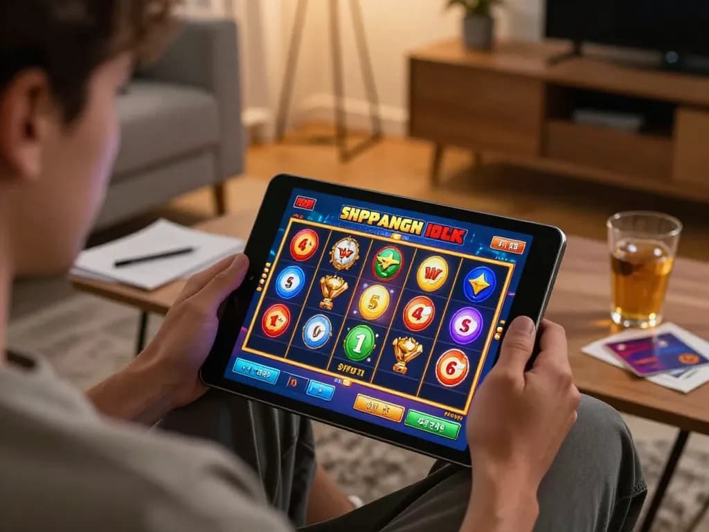 Player enjoying phtaya slots on tablet in a cozy home gaming setup with vibrant screen.