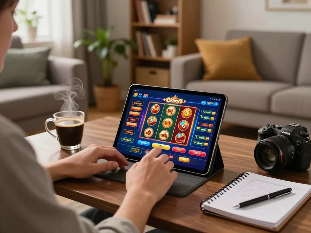 Player immerses in online gaming with Okwin app, cozy home environment, engaging with strategy notes.