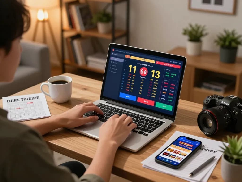 Engaging in togel online gaming from a cozy home office setup, showcasing a laptop and betting strategy notes.