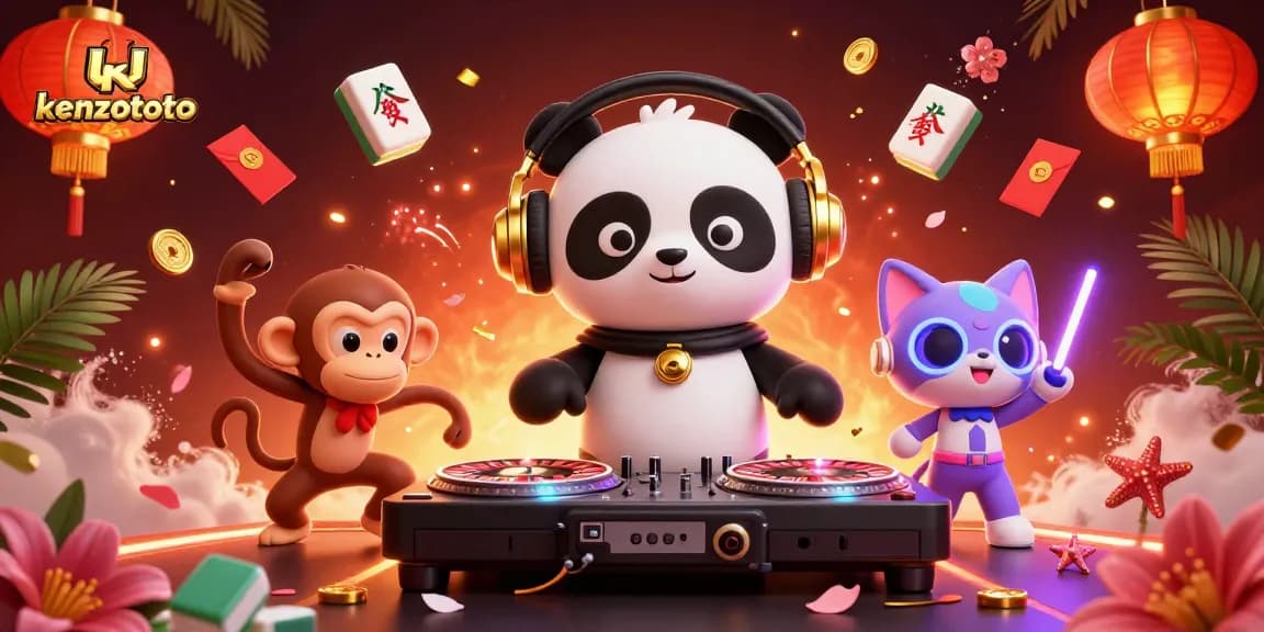 Kenzototo engages players with thrilling casino action as a DJ panda spins at a vibrant online gaming event.