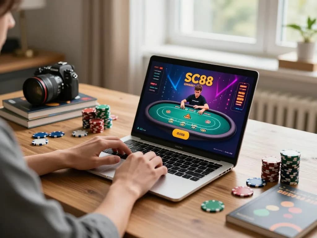 Person playing poker on sc88.charity at home, showcasing a warm gaming atmosphere