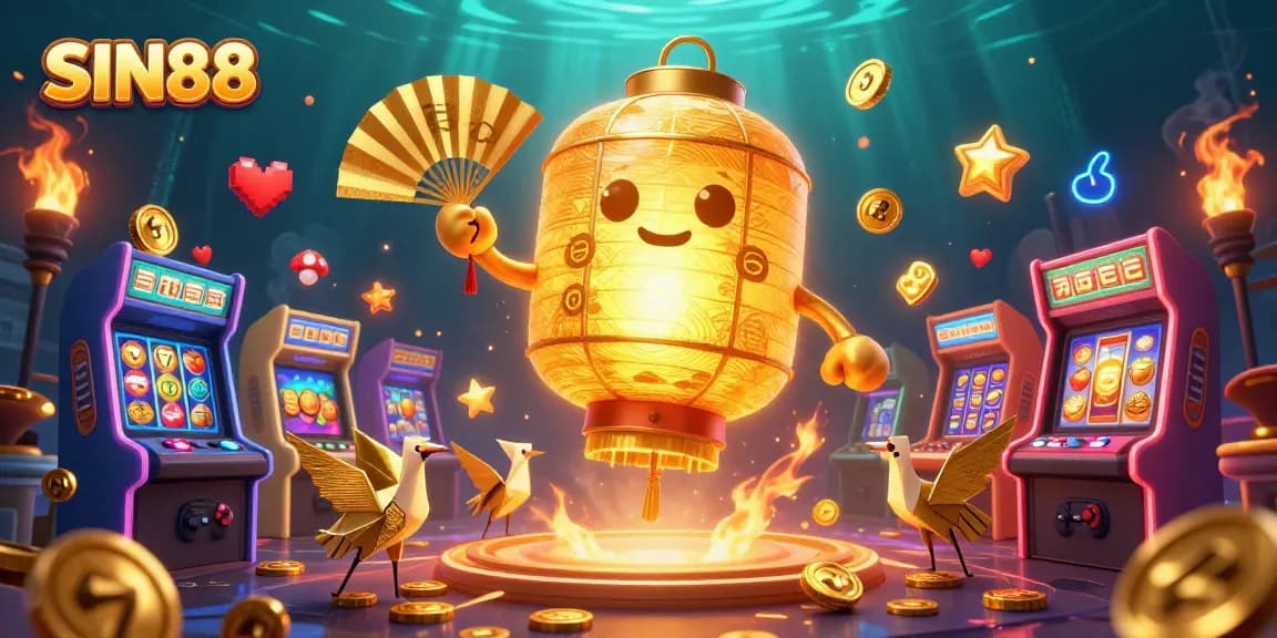 SIN88 captivates players with a thrilling casino scene featuring golden elements and vibrant slot games.