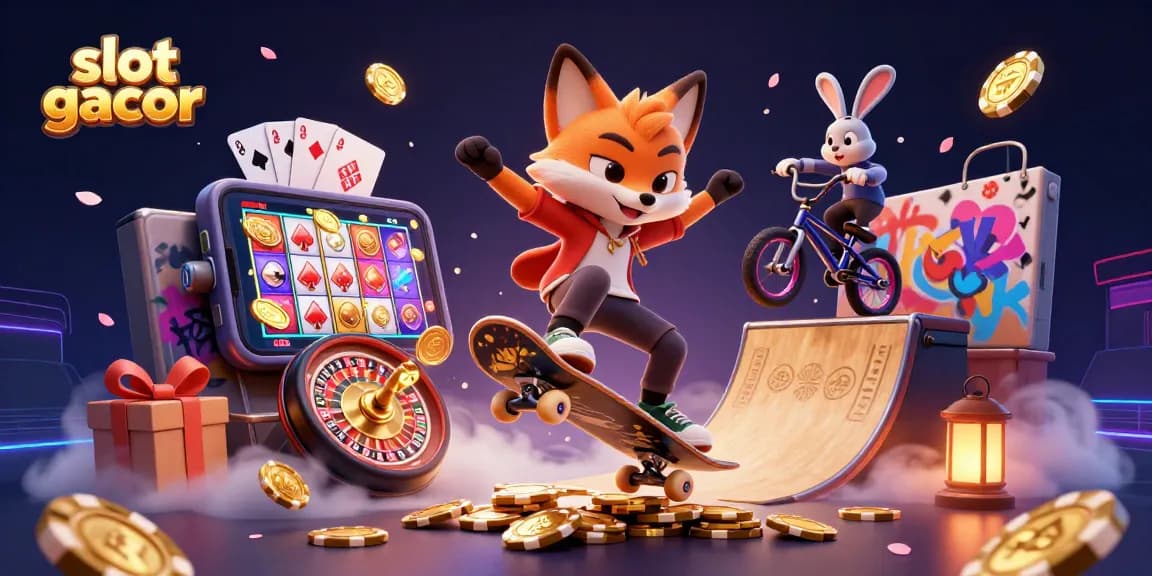 Slot gacor menampilkan fox skateboarder dan kelinci BMX dengan simbol kasino di latar belakang.