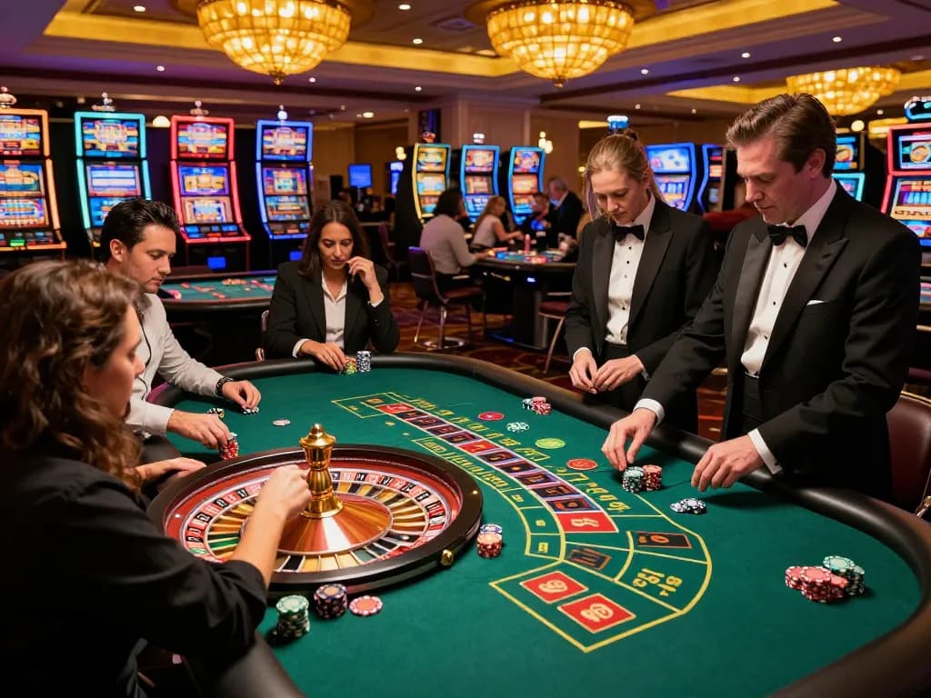 Players engaged in roulette action at dash88 casino table, excitement of spinning wheel and strategic bets.