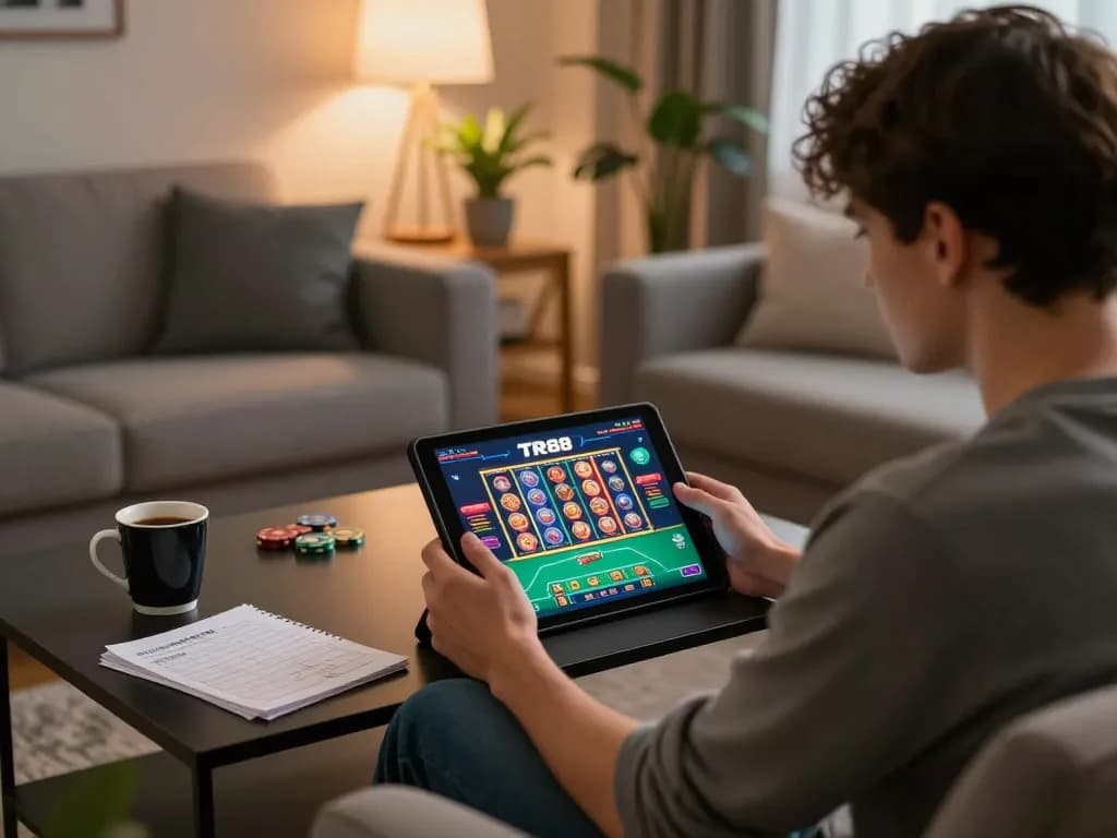 Active player enjoying the TR88 casino app on a tablet, integrating strategy in a cozy home setting.
