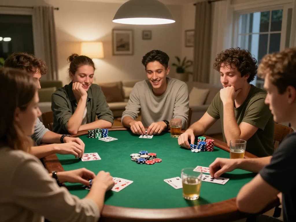 Players enjoying a thrilling poker night at home with red88 chips and cards on the table.
