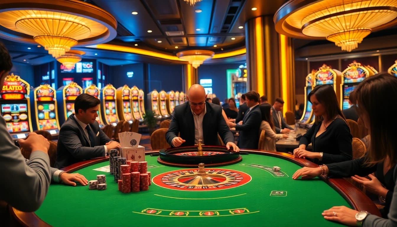 SODO Casino features vibrant poker tables and elegant slot machines in a luxurious setting.