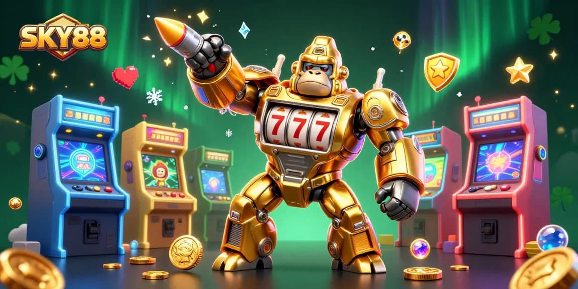Engage with the thrilling atmosphere of SKY88, featuring a golden gorilla mech and dynamic arcade elements.