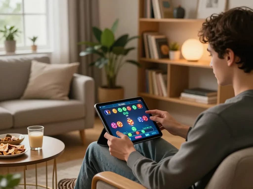 Tài xỉu online gaming session in a cozy home, player engaged with tablet and betting strategy notes.