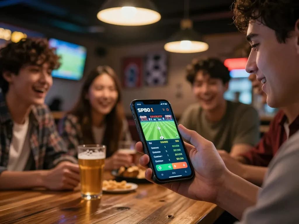 Penggemar olahraga yang terlibat mengakses SPBO 1 untuk taruhan langsung selama pertandingan di bar yang ramai