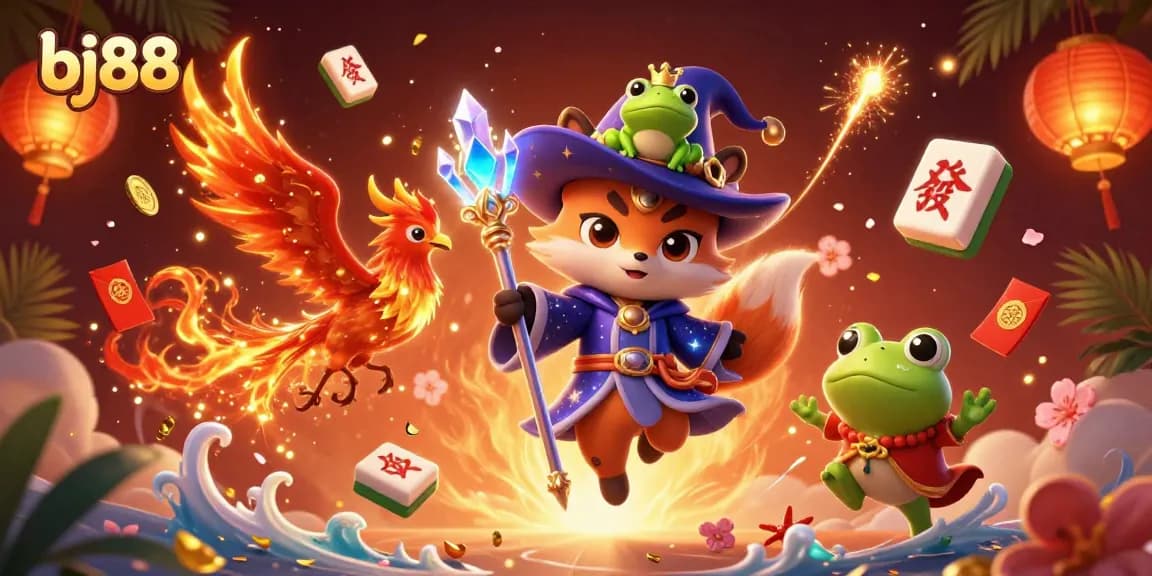Experience thrilling action at bj88 with a mystical fox wizard and phoenix in a vibrant casino atmosphere.