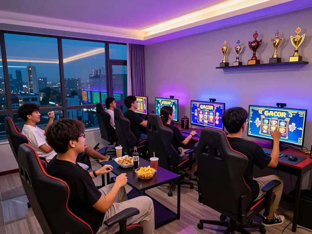 Sekelompok teman menikmati malam permainan slot gacor hari ini di suasana lounge yang cerah.