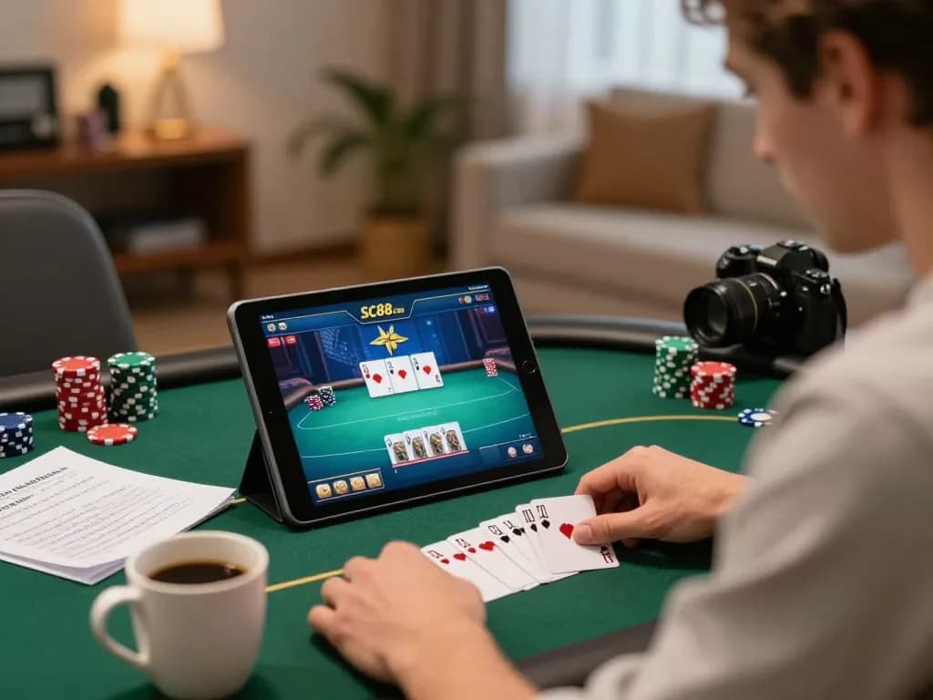Engage in strategic online poker at SC88 Com with a professional player analyzing hands.
