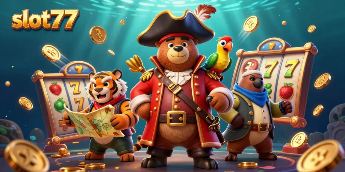 Spin the reels with slot77 in this vibrant cartoon illustration featuring a bear pirate and tiger with casino rewards.