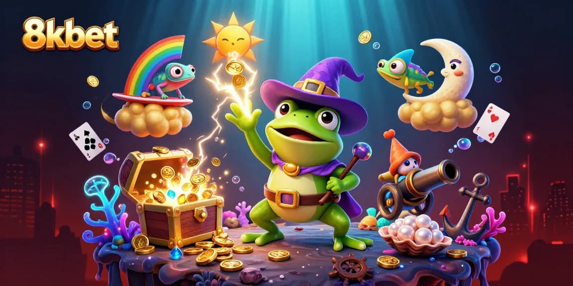 8xbet engages players with vibrant casino-themed illustration featuring a wizard frog and chameleon.