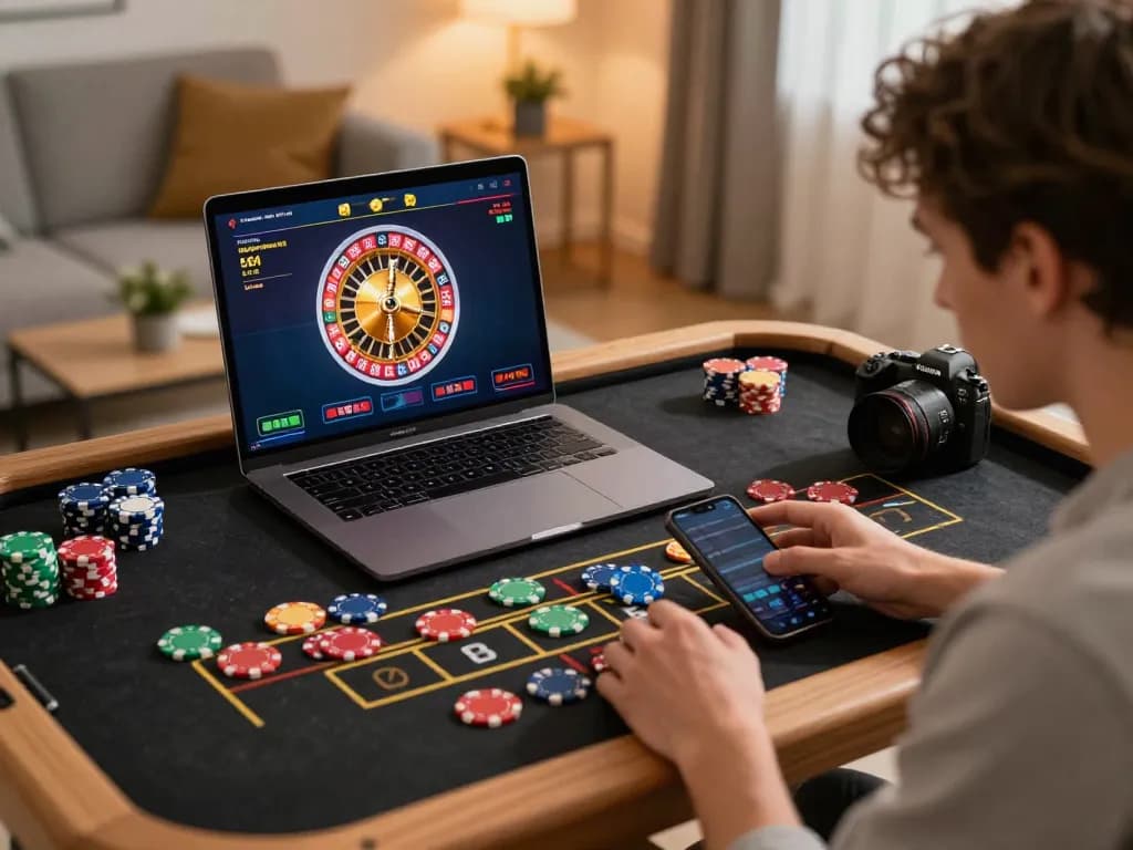 The player strategizes during an online SC88 roulette game on a stylish laptop, surrounded by colorful chips and a smartphone.