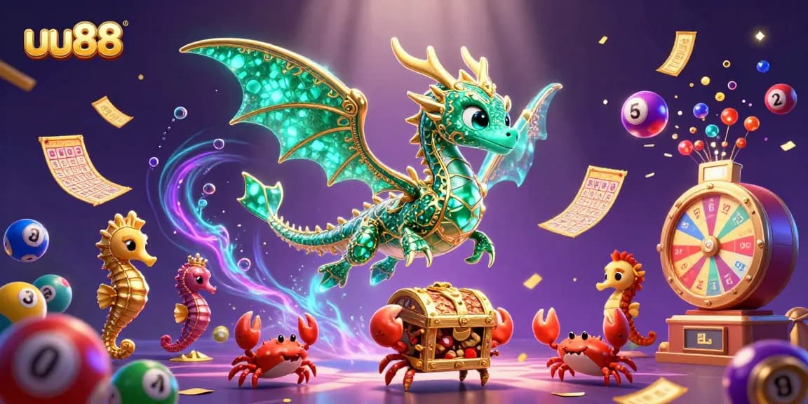 Engage with the uu88 online casino experience featuring vibrant gaming elements and a sea dragon theme.