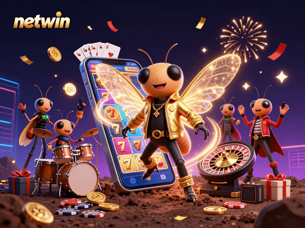 Join the netwin celebration as a rock star cicada leads a vibrant casino party with colorful games and exciting prizes.