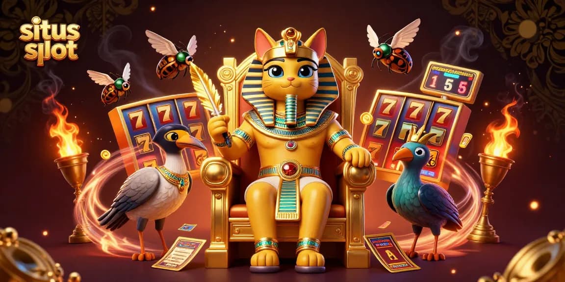 Spin exciting situs slot reels with a 3D Egyptian pharaoh cat amidst golden treasures and dynamic elements.