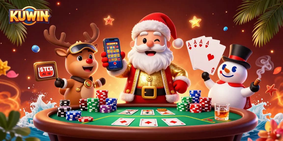 Bet big with KUWIN in a vibrant casino scene featuring Santa, a reindeer dealer, and a poker snowman.