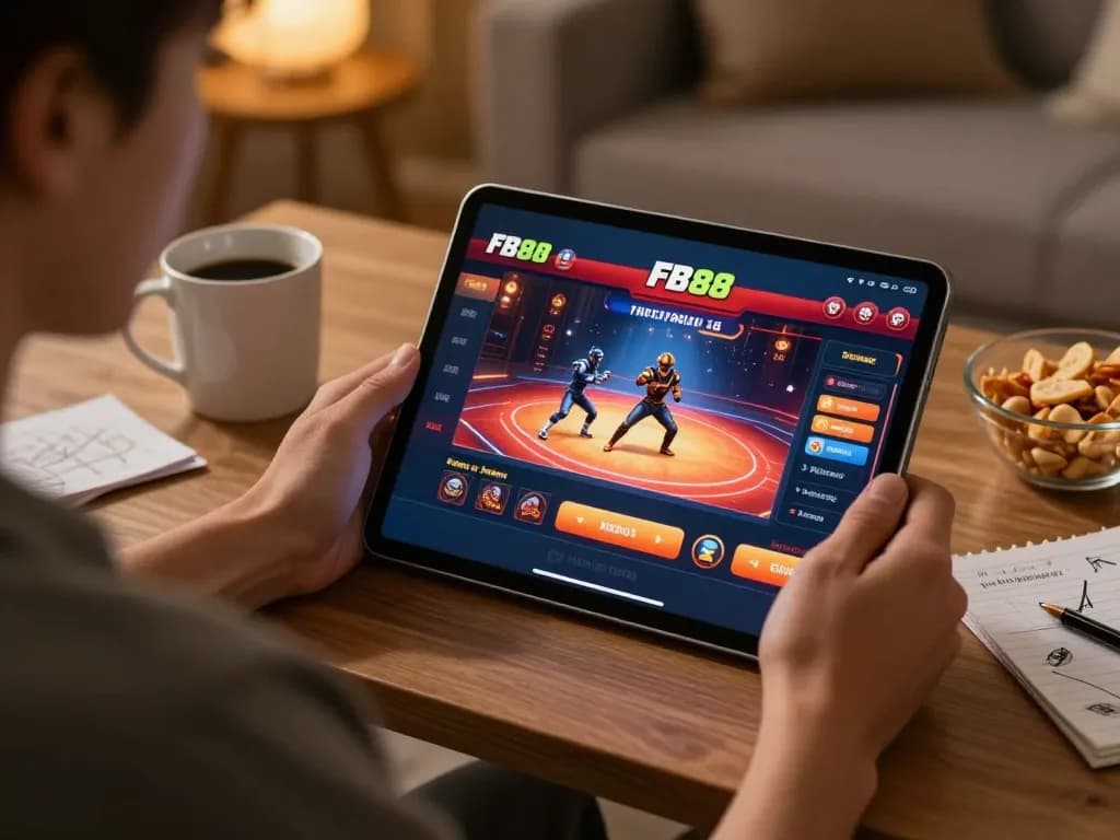 Engaging scene of a player enjoying FB88 online casino on a tablet in a cozy home setting.